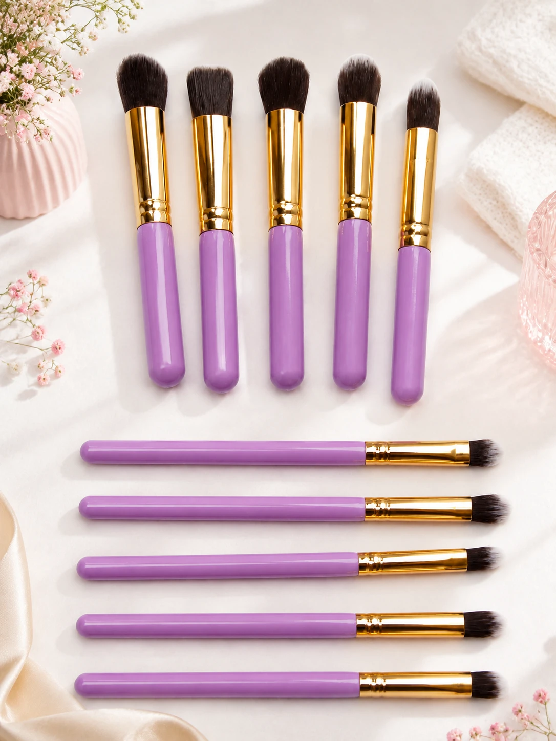 💜 Set of 10 Makeup Brushes – Purple & Gold – photo 3